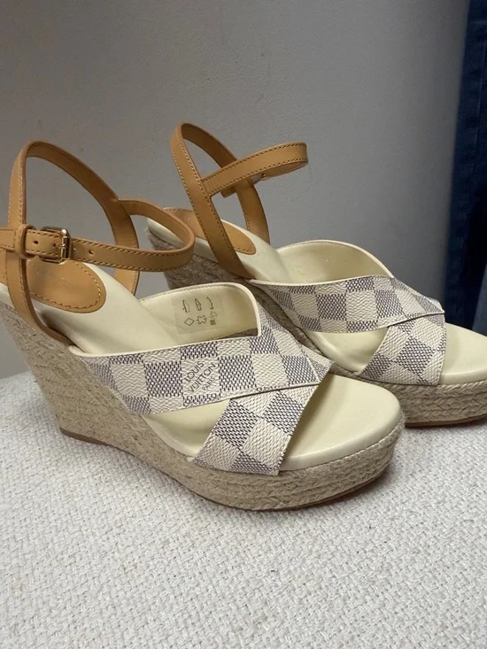 Louis Vuitton Beige Check Canvas Wedge Sandals with Tan Ankle Strap - Picture 2 of 4